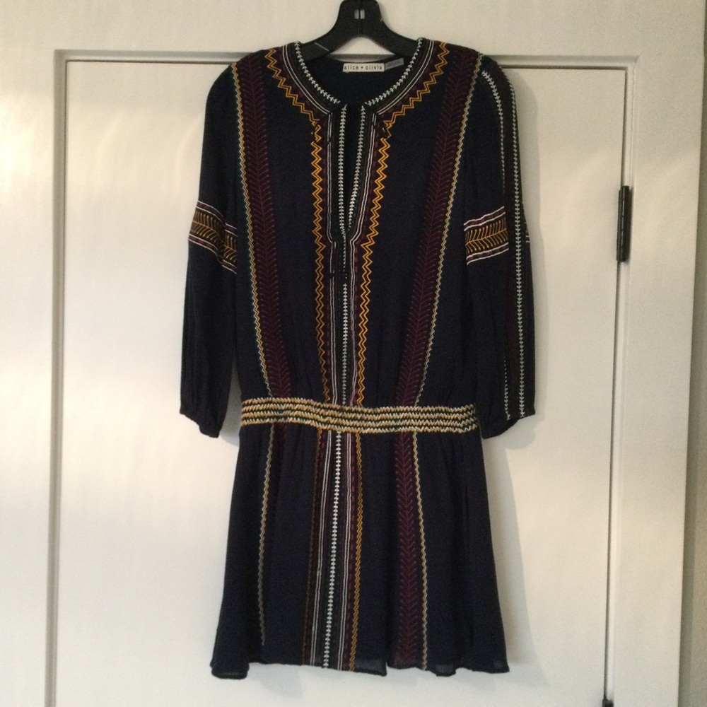 Alice + Olivia Jolene Embroidered Smocked Drop Waist mini dress